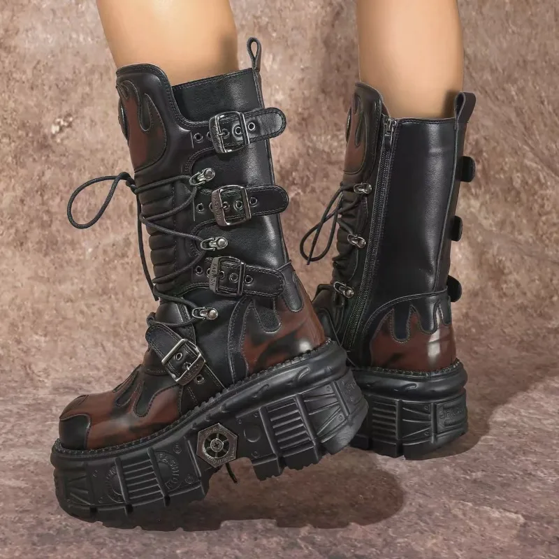 

Women's Punk Gothic Boots 2026 Fashion High Heels Mid Calf Boots Women Black-red Leather Plus Size 43 Autumn Botas