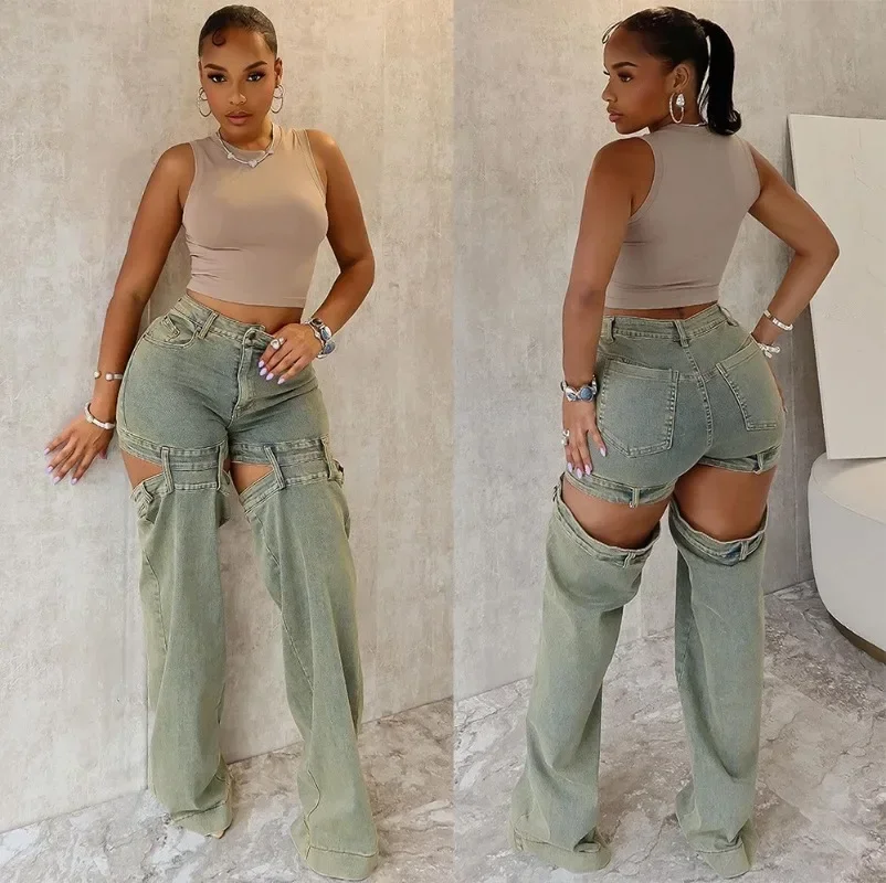 

Fashion Vintage Hollow Out Denim Pants Women Button Fly High Waist Fake Two Piece Jeans Straight Trousers Streetwear Bottoms