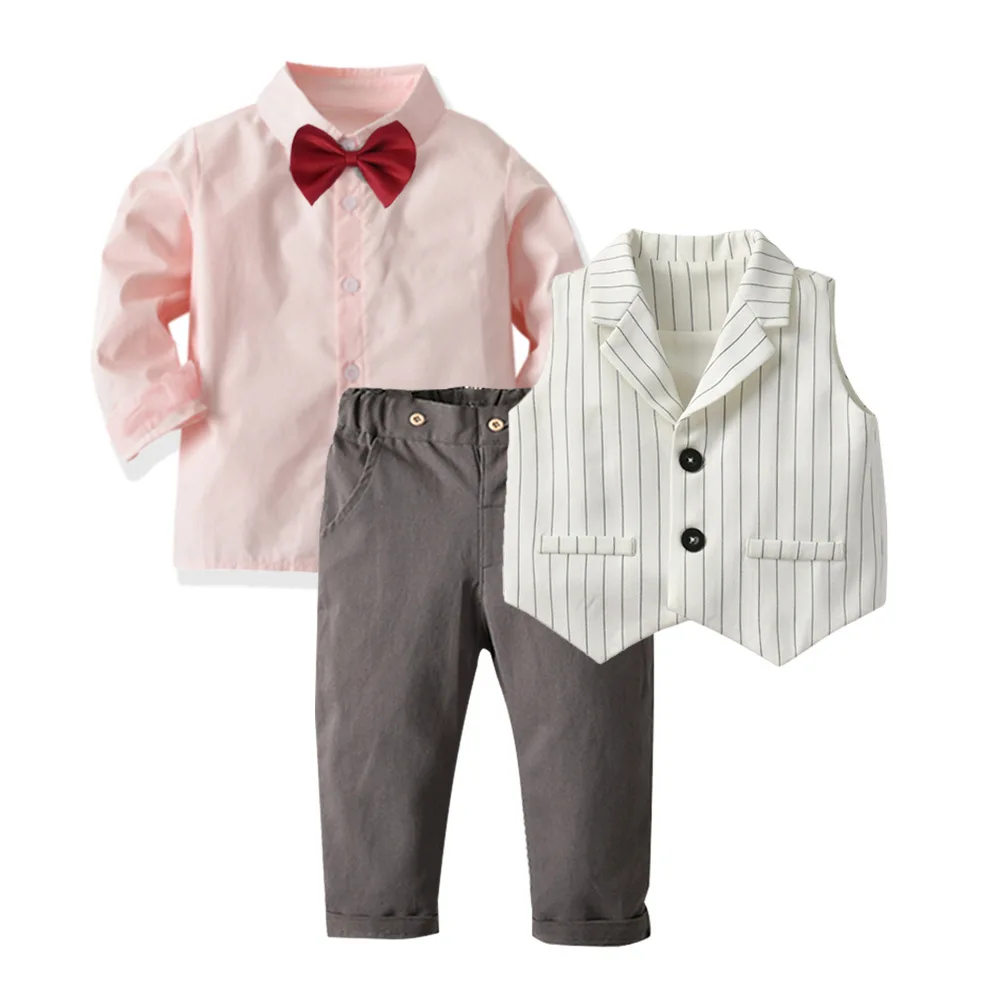 

LZH Toddler Baby Boys Dress Suit Tie Shirt+Striped Vest+Pants 3pcs Gentleman Outfits Kids Children Clothing Sets