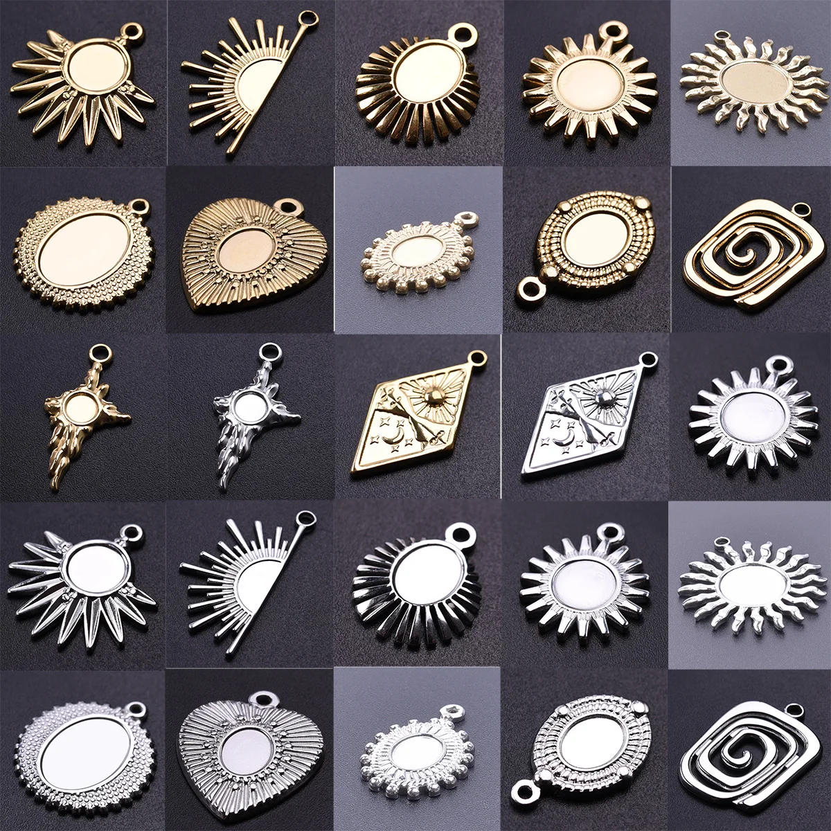 Fashion 6pcs Stainless Steel Gold Color Sun Heart Charm Blank Pad Pendants For Jewelry Making Necklace DIY Leaf Earrings Supplie