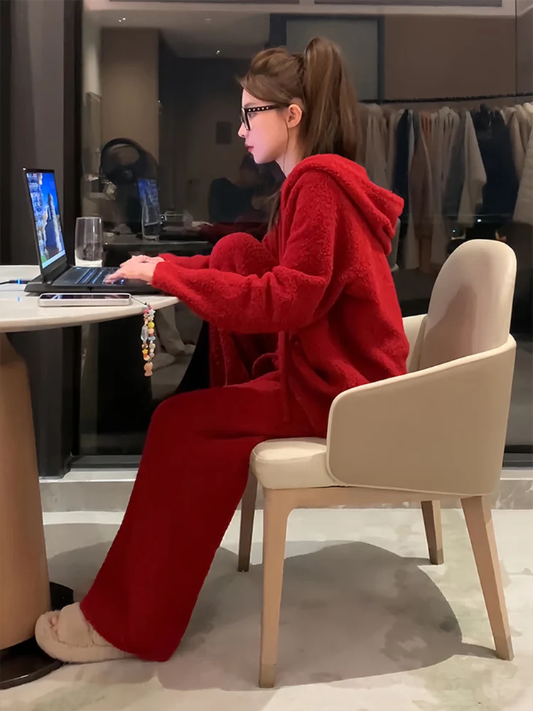 

Loose Korean Style Casual Sportswear Set Women's Spring Atmosphere Fashionable Red Hoodie Wide Leg Pants Two Piece Set