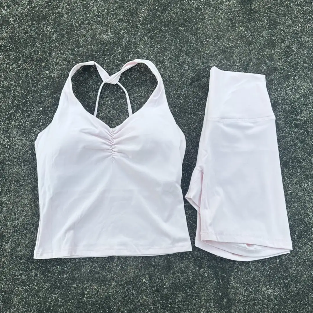 Solid Color Soft Gym Bike Yoga Set Short Legging +Cross Sport Bra Tank Top Athletic Women Gym Suit Comprehensive Training Jog