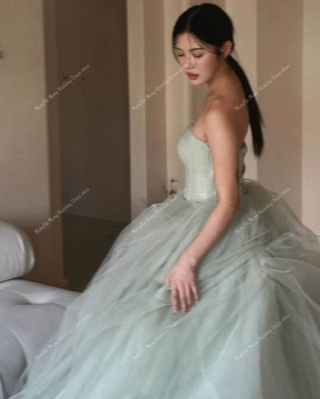Simple Mint Green Korea Evening Dress A-line Strapless Puffy Tulle Wedding Dresses Photo Shoot Customized Corset Bridal Gown