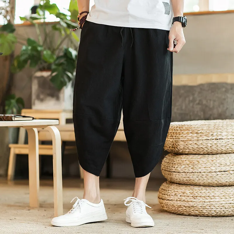 Summer New Chinese Linen Harem Pants Men's 7/8 Length Loose Casual Culottes Sports Jogger Trousers