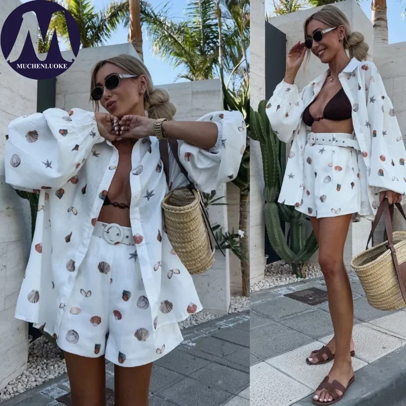 

2 Pieces Set for Woman 2025 Summer New Versatile Printed Long Sleeves Shirt Tops Suits Fashionable Casual Loose Belt Shorts Sets