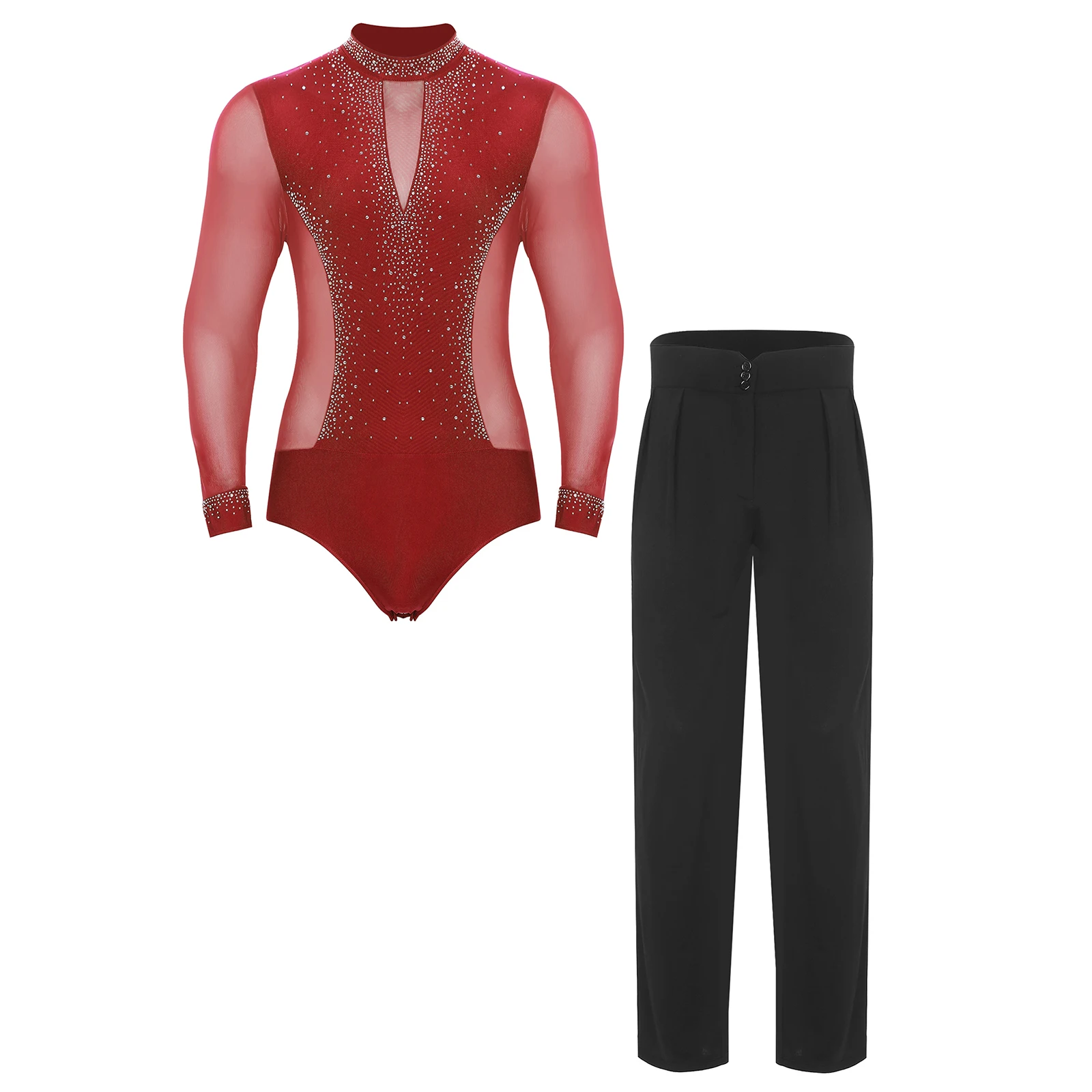 

Men Latin Skating Ballet Dance Performance Costumes Outfits Long Sleeve Rhinestones Mesh Leotard Bodysuit and High Waist Pants