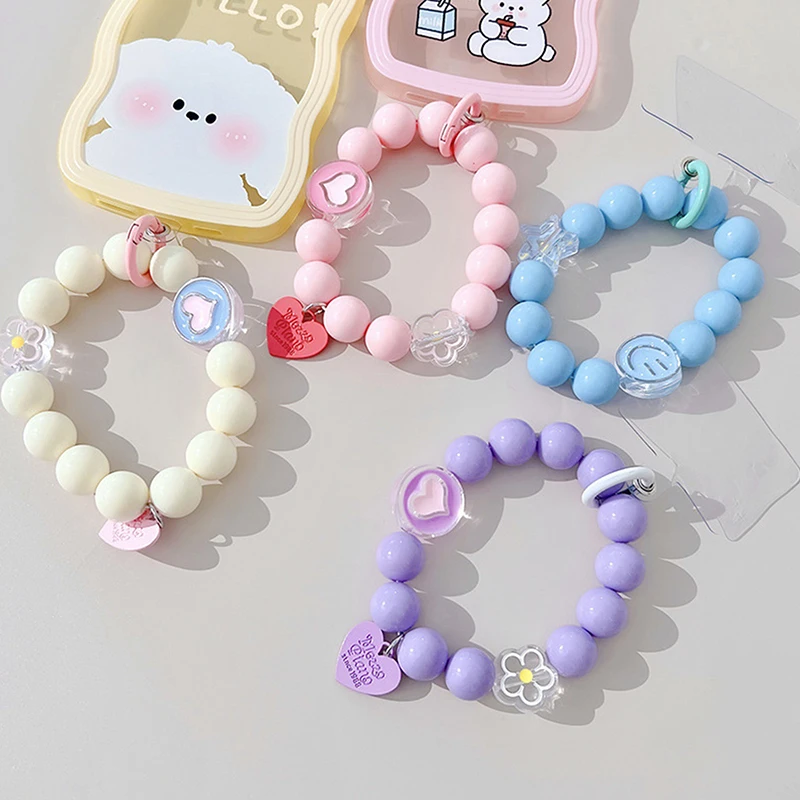 Pequeño Oso de color caramelo fresco, pulsera de cuentas hecha a mano, cadena de teléfono, cordón de funda de teléfono móvil femenino lindo de dibujos animados