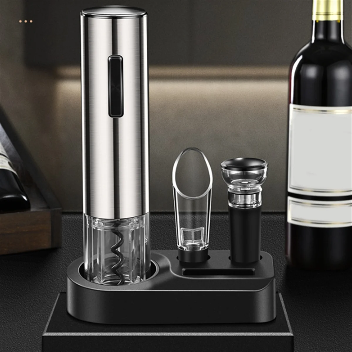 فتاحة زجاجات النبيذ الكهربائية 4 في 1 مع مهوية النبيذ، وقاطع رقائق النبيذ المفرغة وقاعدة تخزين قابلة لإعادة الشحن-T33C #4
