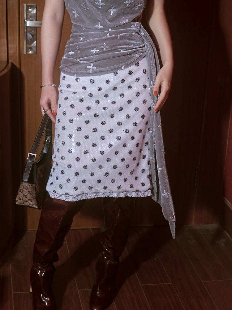 Retro Polka Dot Midi Skirt Women's Lace Trim Bodycon Hong Kong Style Half-length Skirts Slimming Effect Spring Fashion