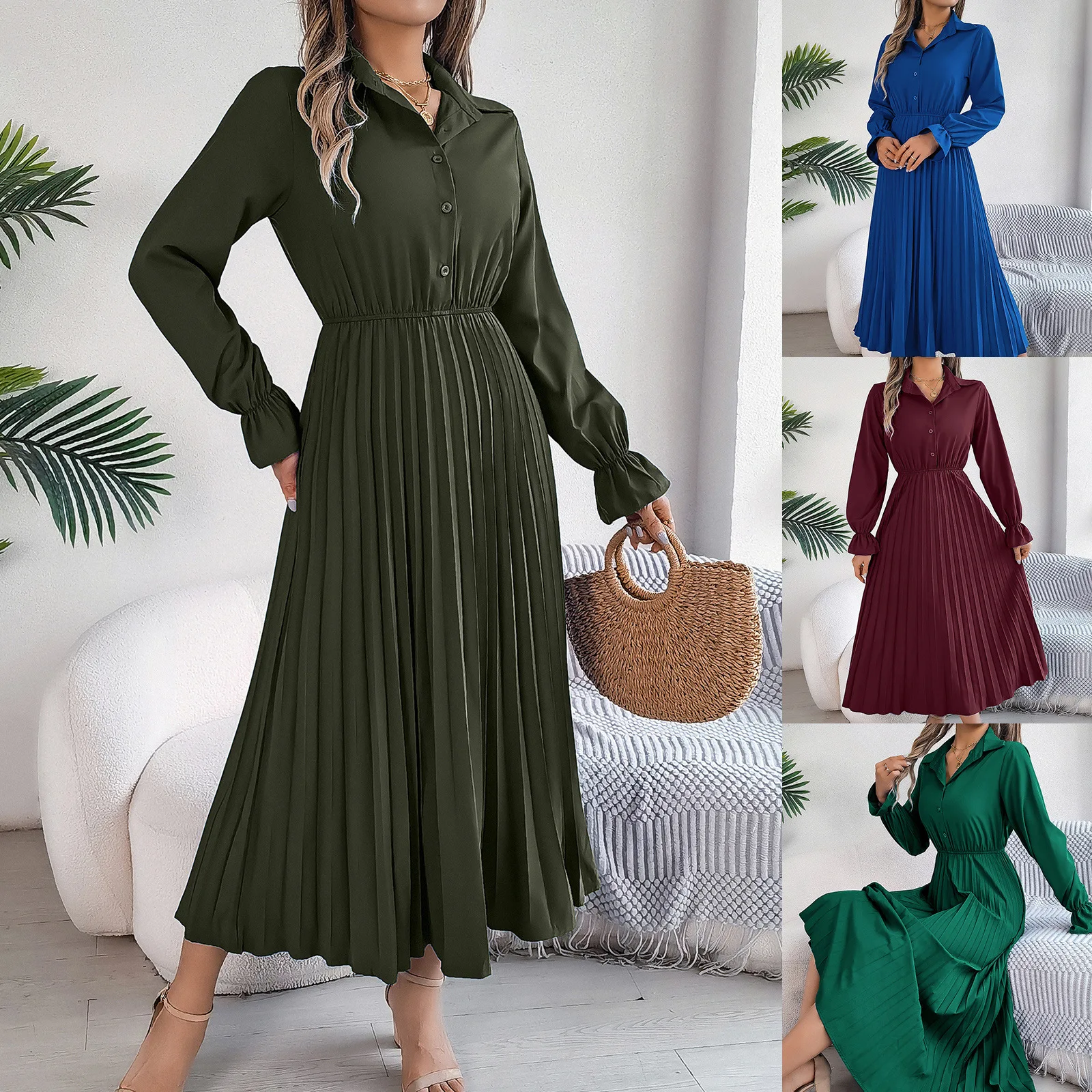 

Lapel Button Long Sleeve Pleated Long Dress Women's Clothing High Waist Solid Color Ankle Length Dress