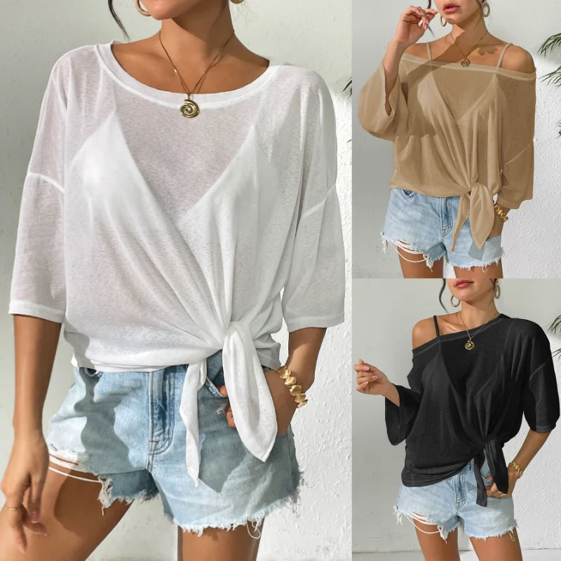 Top sottile da donna in tinta unita con papillon, copricostume ampio da spiaggia con scollo a barca