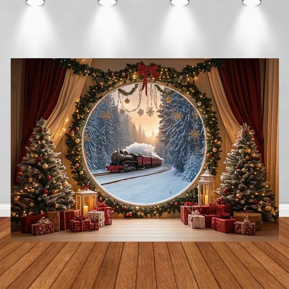 Christmas Round Window, Red Curtains, Train Themed Banner Background, Christmas Party Decoration, Photography Background Cloth