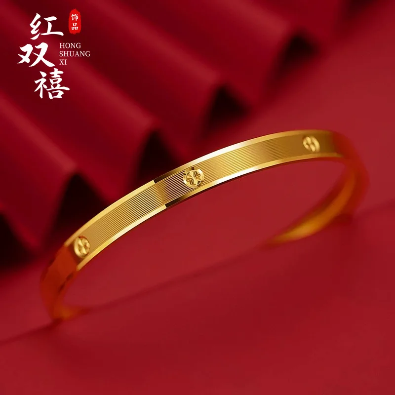 24K Gold AU999 Women's Trendy Commute Luxury Bracelet - Polished Geometric Bar + Matte Edges, Minimalist Flattering