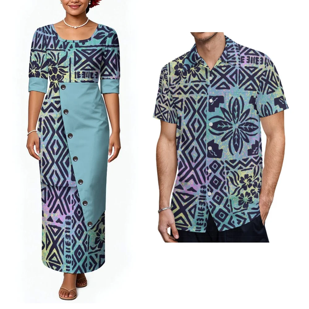 High-Definition Pattern Customized Women'S Mid-Length Sleeve Puletasi Dress And Men'S Shirt Samoa-Fiji-Tonga Couple Set