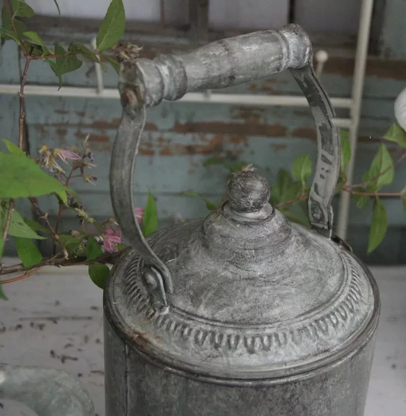 Vintage Rustic Metal Teapot Planter with Lid, Garden Home Decor, Distressed Green Finish, 13 Inch Height with Handle, 9.4 Inch W