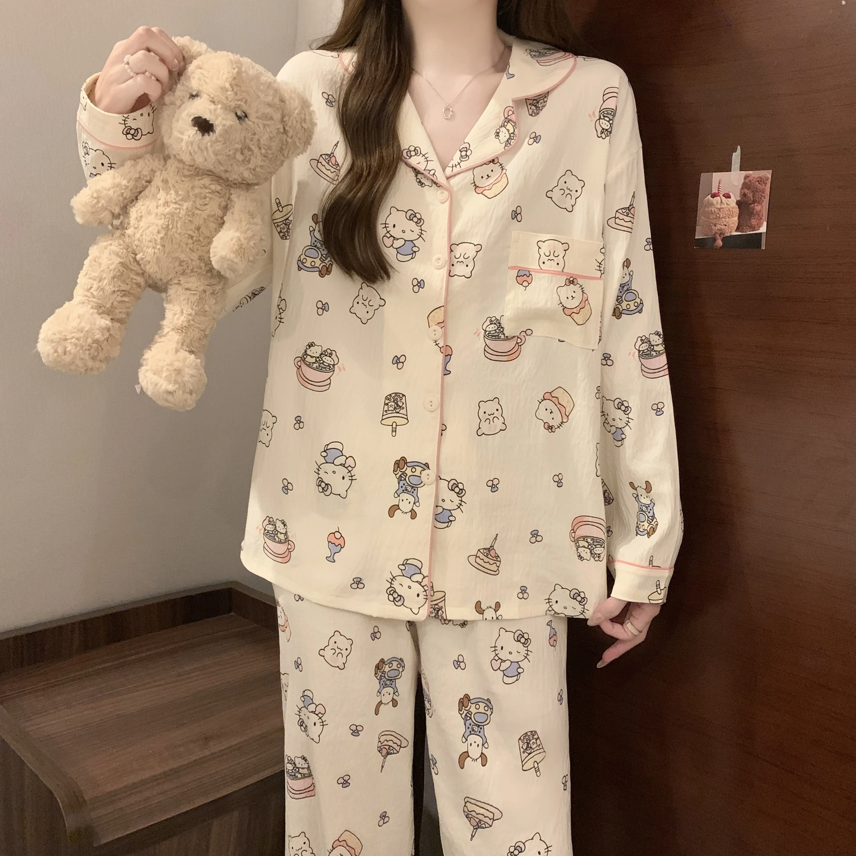 

Sanrio Hello Kitty, женская летняя одежда для сна, открытый кардиган с длинными рукавами, женская домашняя одежда, удобные дышащие милые пижамы