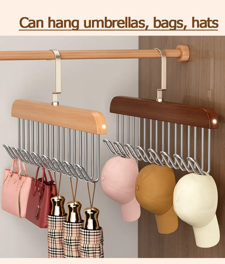 I KNOW 8 Hooks Multi-function Wood Caps Belts Hanger High Quality Strong  Wooden Storage Rack Tie Hanging No Trace Drying Rack