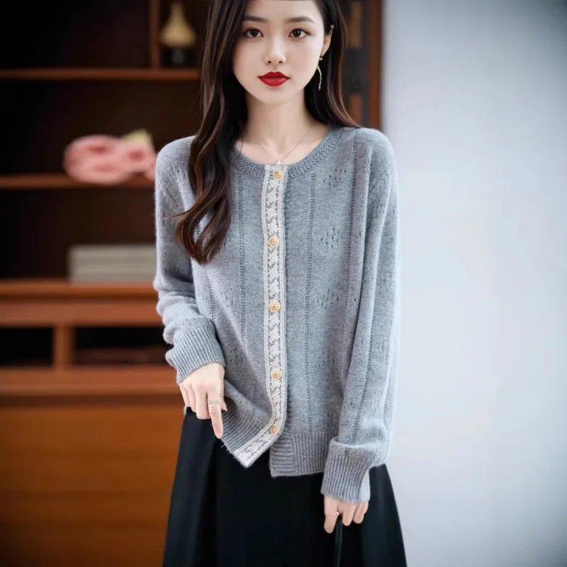 Women Korean Sweet Lace Trim Knit Cardigan Autumn Winter Hollow Long Sleeve Casual Outerwear Tops