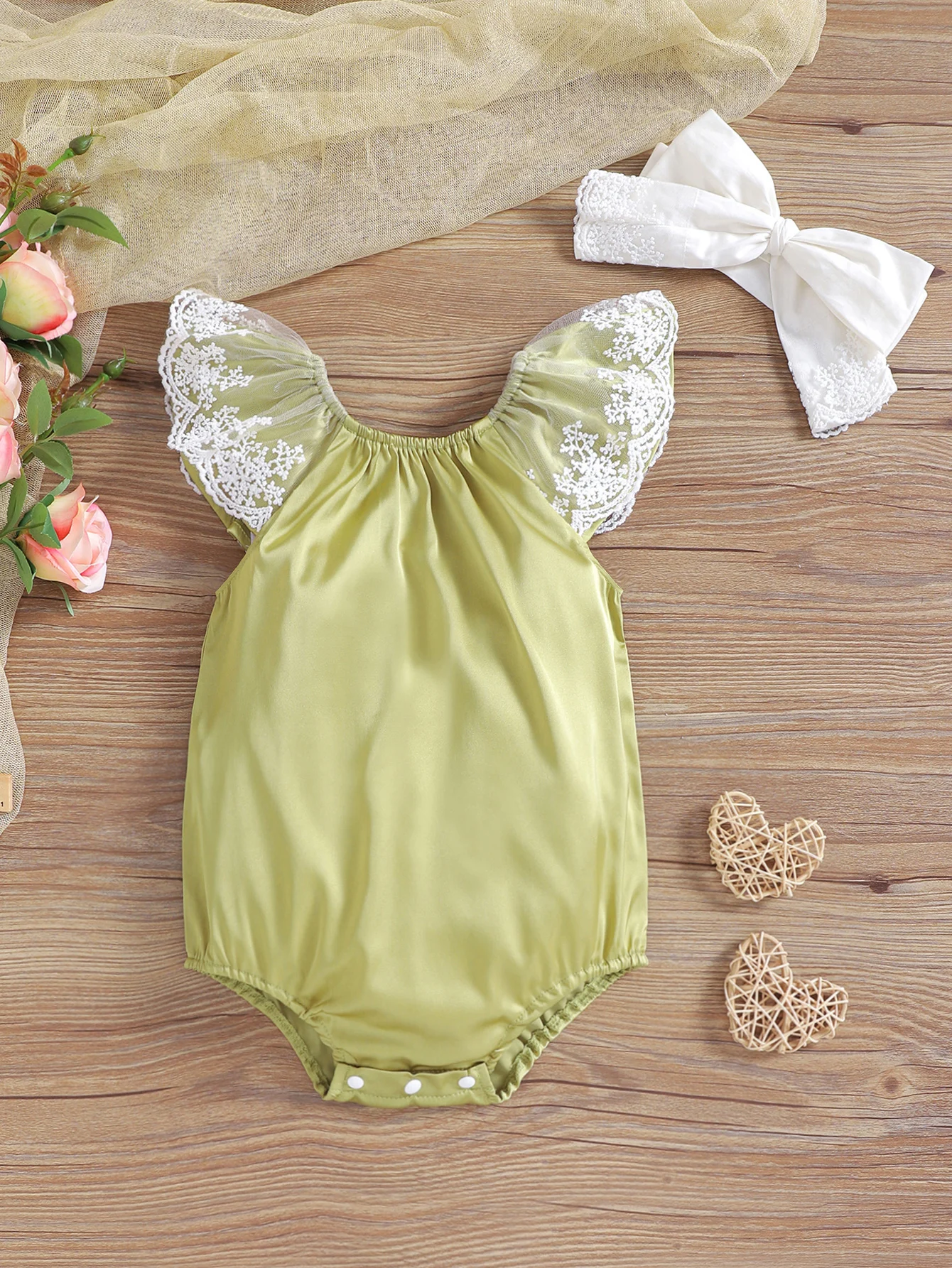 Summer Newborn Baby Avocado Green Lace Bottom Feeding Romper + Hairband Set Infant Clothing Accessories