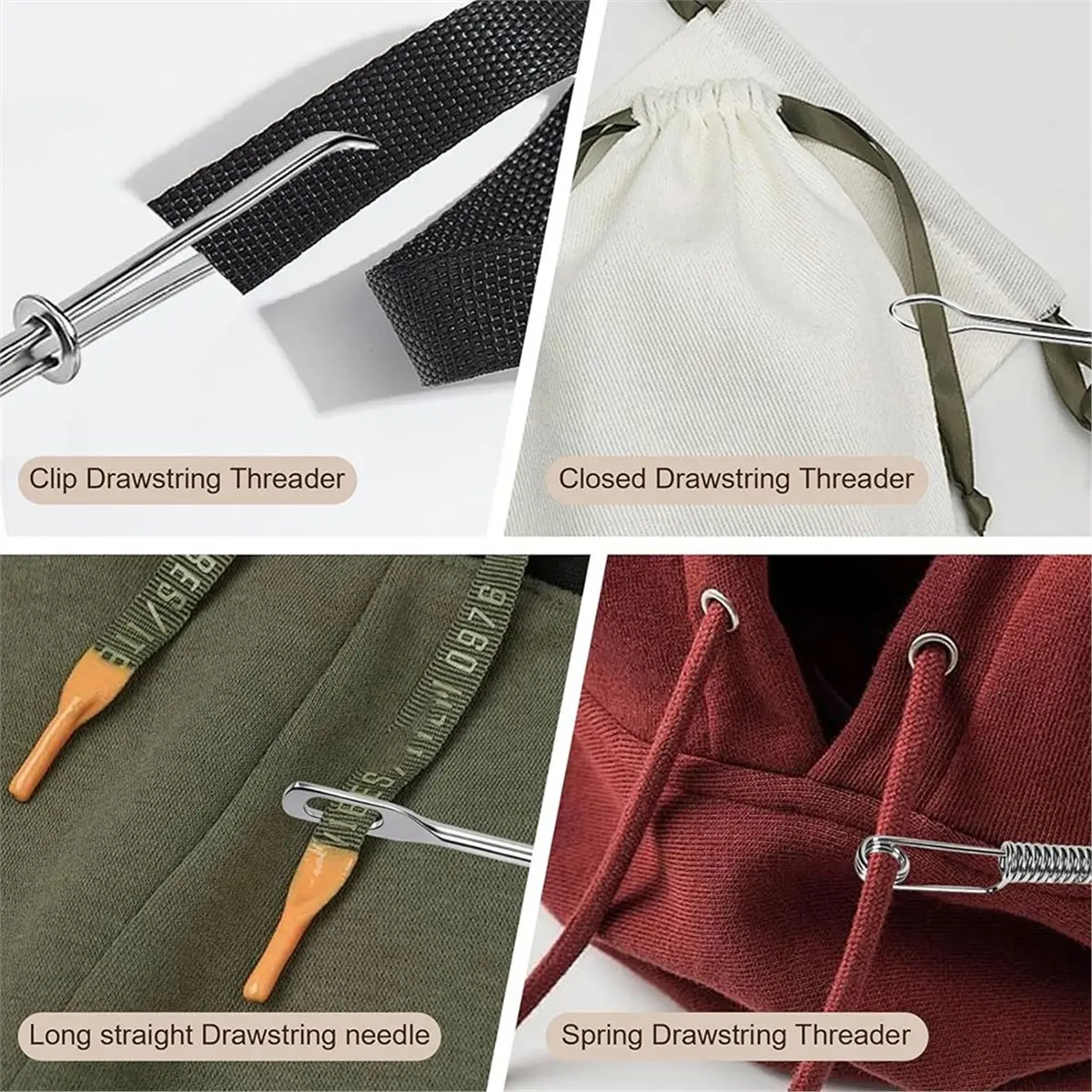 40Pcs Drawstring Threader Set, Stainless Steel Threading Kit with Spring-Loaded Tweezers & Safety Pins