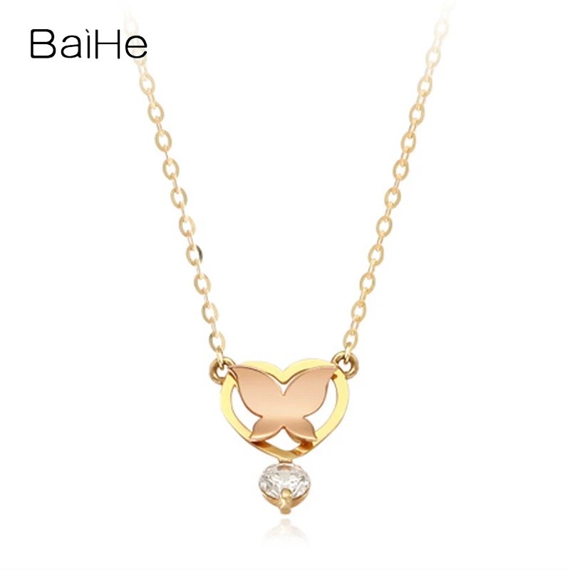 BAIHE Real Solid 14K Yellow+Rose Gold H/SI Natural Diamond Heart Butterfly Necklace Women Trendy Fine Jewelry قلادة فراشة القلب