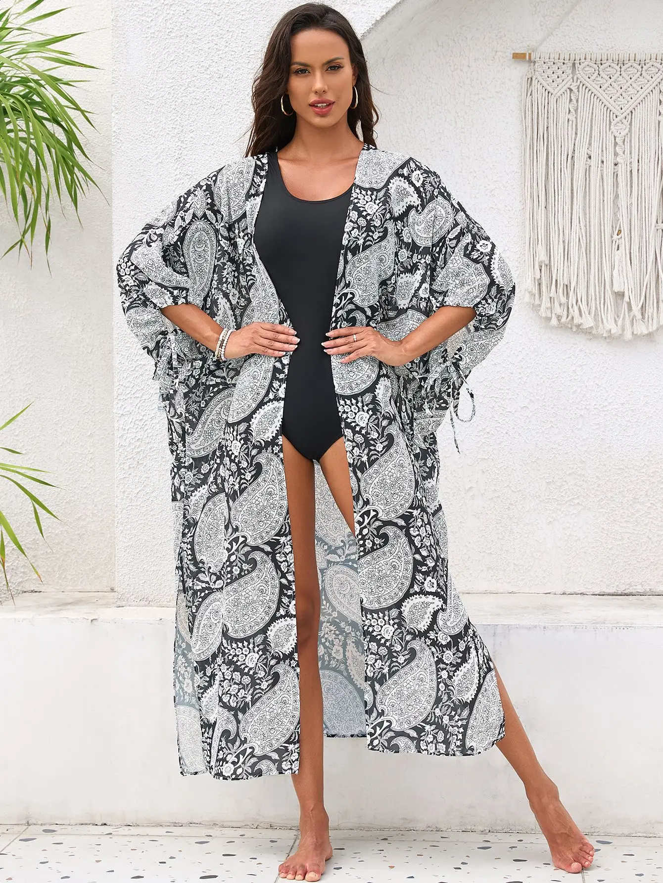 

Beach Kimono Cardigans for Women Open Front Swimsuit Cover Up Graphic Print Bathing Suit