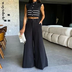 Waytobele Women Two Piece Set Summer Fashion Casual Lapel Patchwork Sleeveless Single Breasted Stripe Top Wide Legs Pants Sets