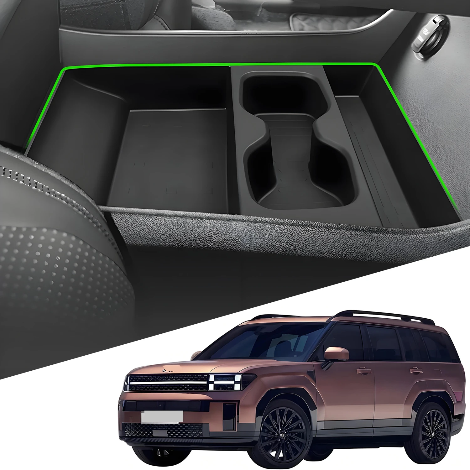 لشركة هيونداي سانتا في MX5 2024 2025 منظم وحدة التحكم المركزية مع حامل الكأس صينية تخزين TPE غير قابلة للانزلاق مخصصة ومقاومة للماء