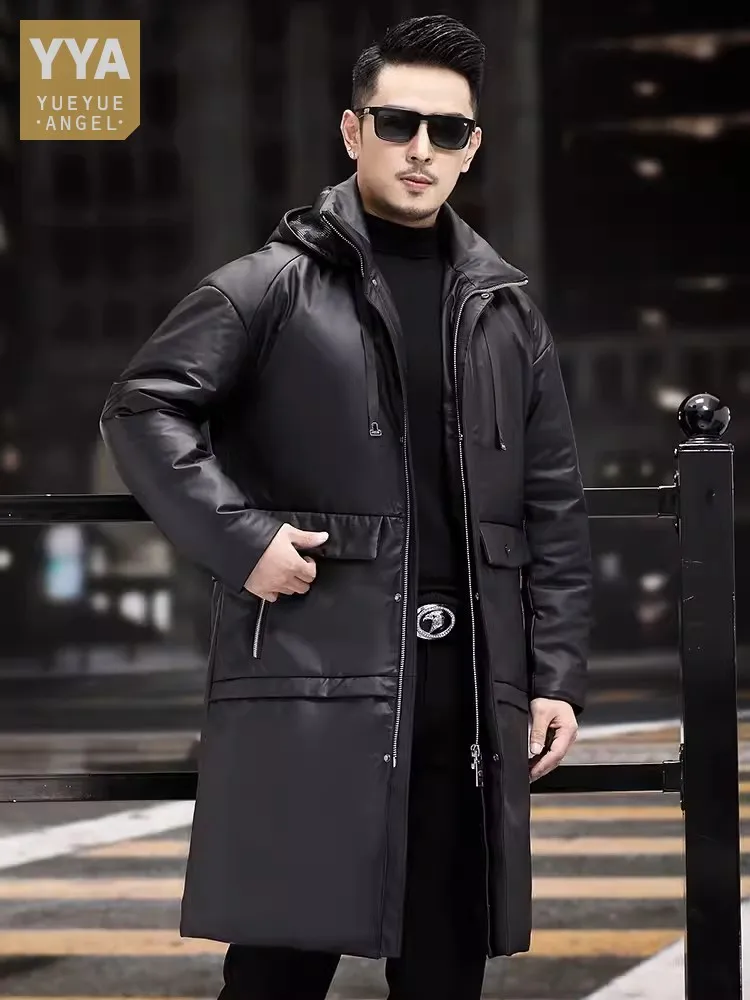 Winter Mens Cowhide Genuine Leather Down Coat Loose Fit Straight High Street Casual Outerwear Male Hooded Long Jacket Size:M-5XL