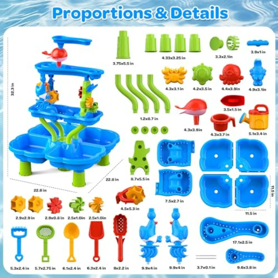 Water Sand Table for Toddler - 4-Tier Multifunctional Outdoor Backyard Beach Playset, Ocean Blue, Stable Design Sensory Learnin
