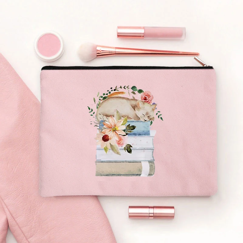 Bolsa de maquiagem feminina com estampa de flores e livros, bolsa cosmética de lona para amantes de livros, bolsa de higiene pessoal de grande capacidade