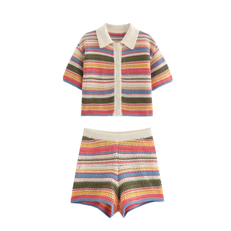 Colorful Knit Set Women Summer Collar Short Sleeve Button Top Matching Shorts Casual Comfortable Elegant Two Piece Limited Stock