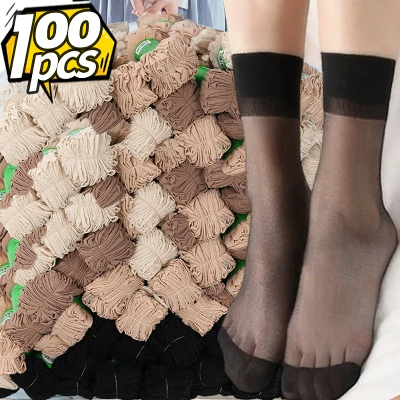

20/100Pcs Ultrathin Crystal Silk Socks Women Summer Transparent Breathable Anti-hooking Elastic Transparent Mid-tube Stockings