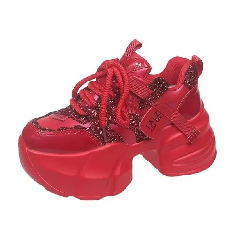 

8CM Women Bling Red Chunky Sneakers Autumn High Platform Shoes Ladies Wedges Casual Dad Shoes Leather Sports Sneakers