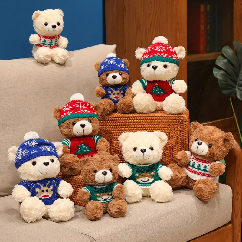 18/23cm Christmas Bear Plush With Clothes Fluffy Huggable Pillow Cute Sweater Bear Festival Gifts
