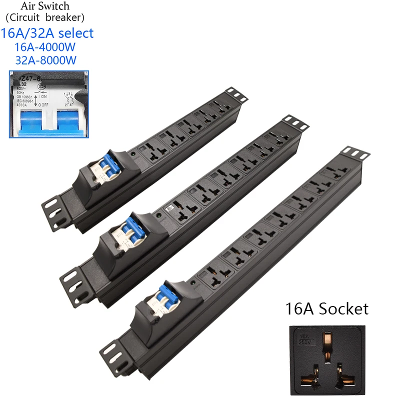 Power Strip 16A 4000W 32A 8000W 2-10 Ways Universal Socket Wiring Board Socket For Network Rack Power Distribution Unit