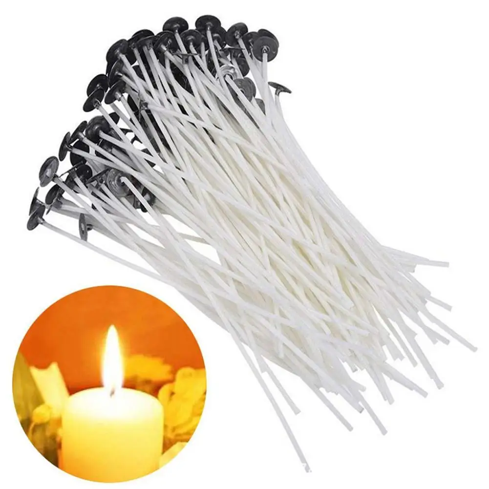 Juego de mechas para velas de algodón encerado, 100 Uds., con soporte, mechas para velas sin humo para aceite de soja, núcleo de cera, suministros tejidos para velas