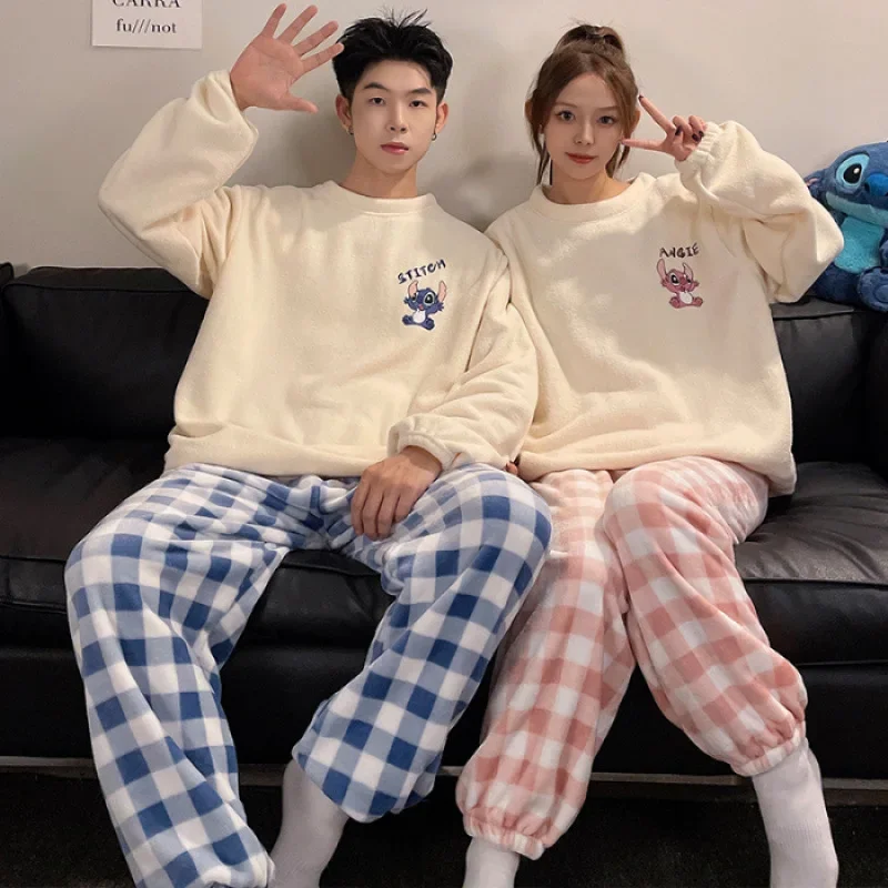 Cartoon Disney couple pajamas winter plush crew neck coral fleece casual two-piece set new men\'s/women\'s Stitch women\'s pajamas