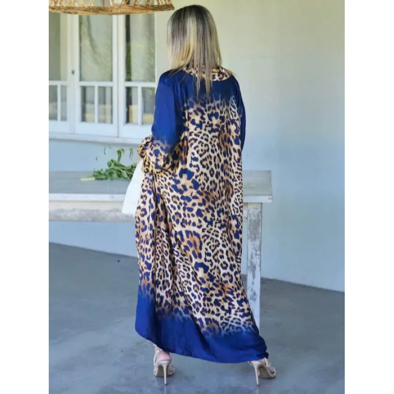 Women's Dress European And American Style Autumn Leopard Print Gradual Change Lapel Loose Large Size Holiday Style Cardigan Shir