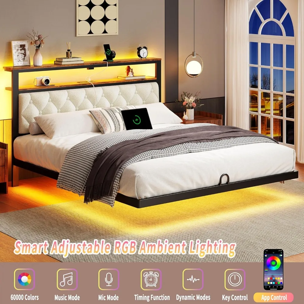 إطار سرير عائم كامل مع لوح رأسي، وإطارات سرير عائمة LED مع قاعدة شحن ومسند ظهر منجد، ورف تخزين