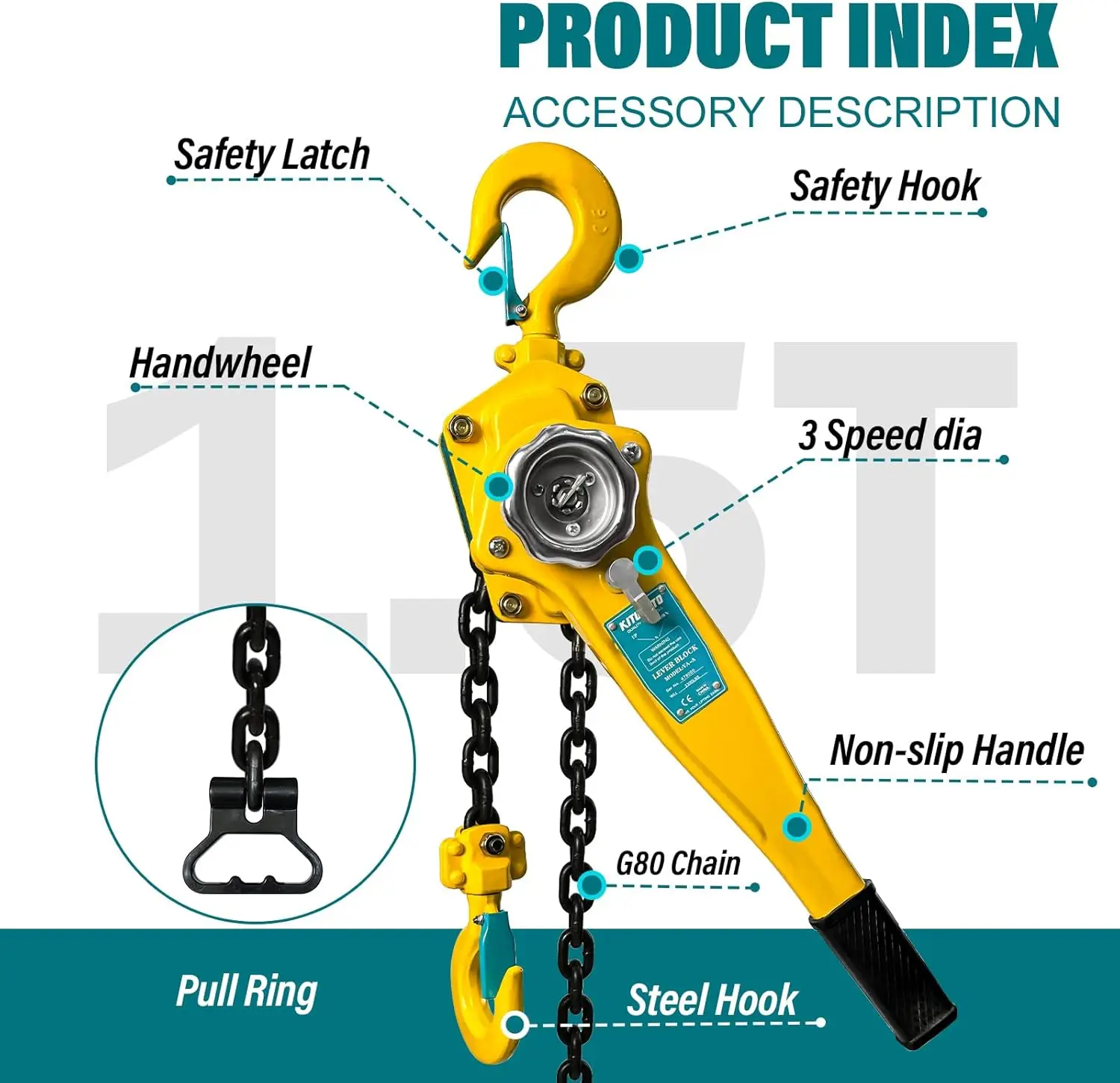 1.5 Ton Manual Chain Hoist, 3300LBS Capacity, 10FT G80 Alloy Steel with Auto Chain & 360° Hook for Garage Factory