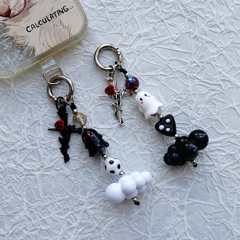 Original New Product Halloween Ghost White Cloud Rose Cross Mobile Phone Bag Pendant Keychain