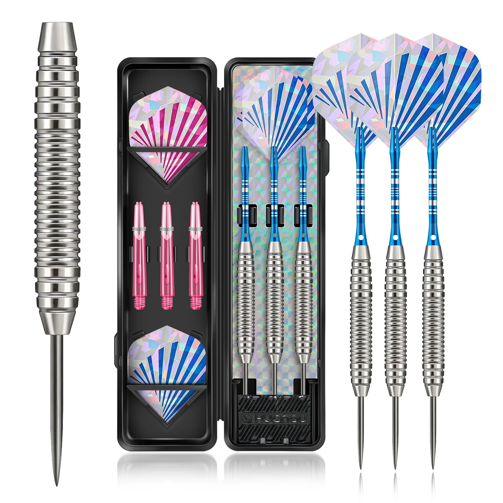 HUANQU 18g Steel Tip Darts Set with Case, Professional Iron Barrels, Iron Shafts, Laser Flights, Extra Accessories