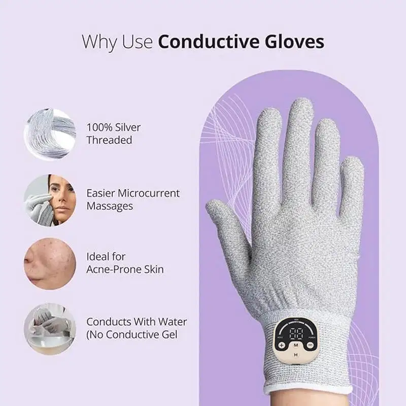 Silver Fiber Physiotherapy Microcurrent Conductive Massage Gloves for Wrinkle Removal Fatigue Relief Anti-Aging Acne-Prone Skin