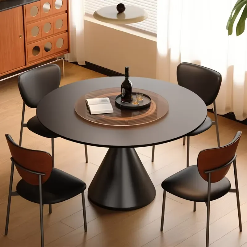 High-end Creative Round Simple Stone Dining Table Simple Small Home Use Round Table with Turntable Black Creative