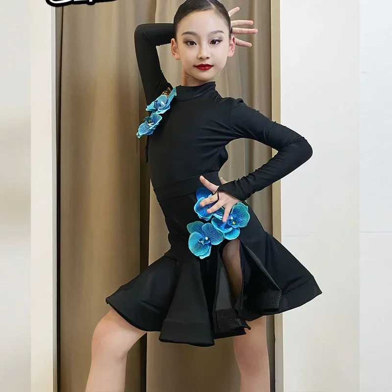 Latin dance dress Autumn and winter new children's female training dress girls perform dance dress set