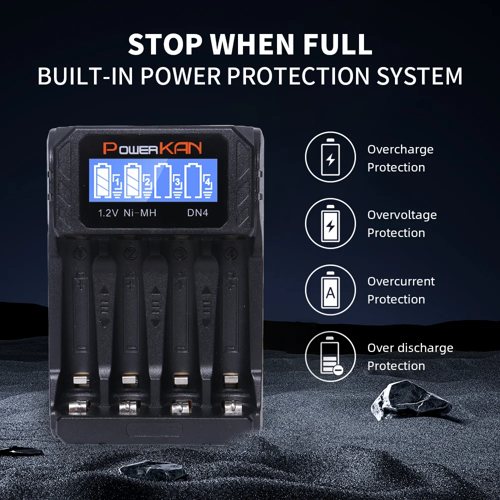 Ładowarka POWERKAN DN4 z wyświetlaczem LCD do ładowania 4 baterii NiMH/Cd AA AAA 1,2 V Kabel USB typu c do ładowania