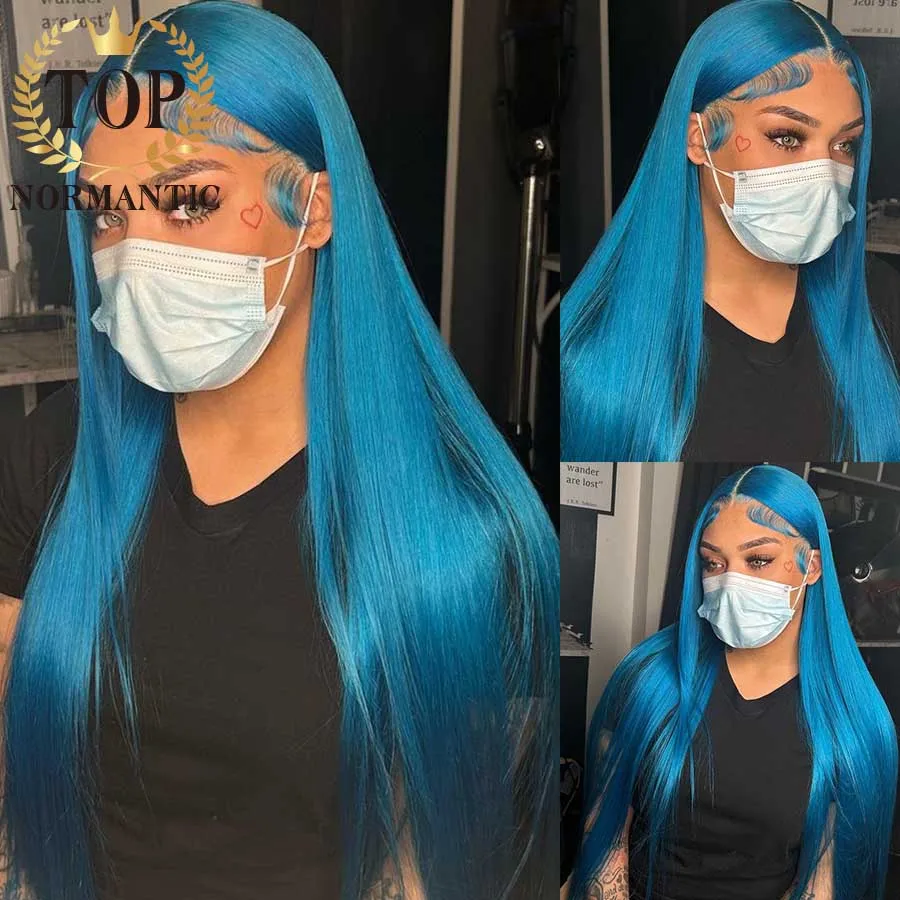 Topnormantic Bright Blue Color 4x4 Closure Wig with Baby Hair Silky Straight 13x4 Lace Front Wig with Middle Part Lace Front Wig