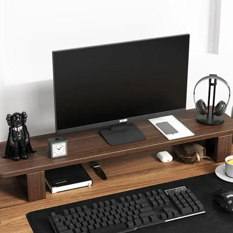 Desktop Monitor Frame Walnut Color Solid Wood Office Storage Space Saving Management Solution