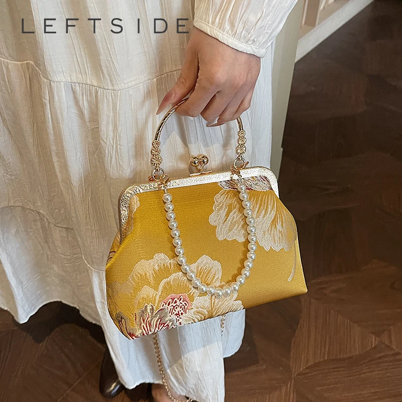 

LEFTSIDE Women Floral Kiss-lock Clutch Bag Pearl Chain Handle Retro Chinese Party Wedding Shoulder Bag 2026 Handbags and Purses